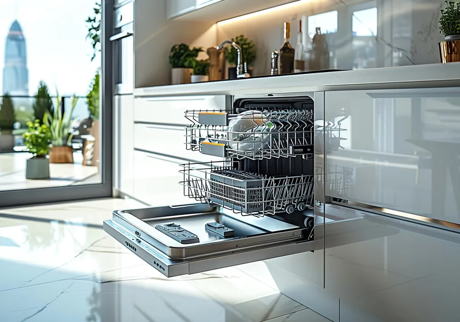 Open dishwasher loaded with clean dishes in a modern kitchen