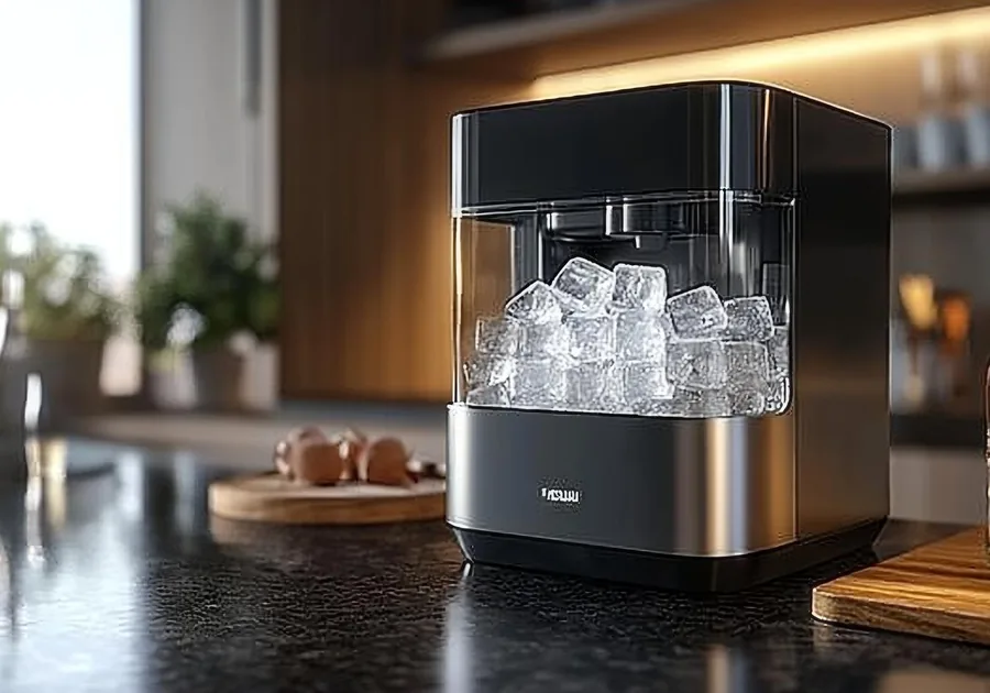 Ice cubes in a stainless steel refrigerator ice dispenser