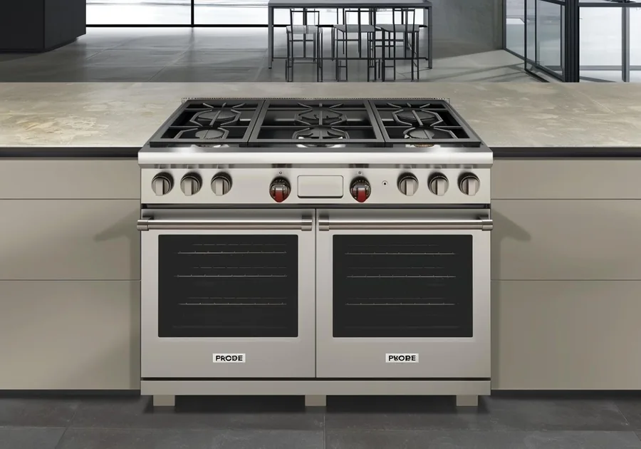Stainless steel gas range in a modern home kitchen