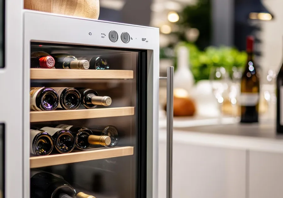 Built-in wine cooler cabinet with bottles in a home kitchen